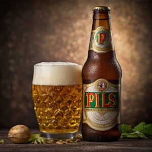 Eine Flasche Pils neben einem gefüllten Bierglas.