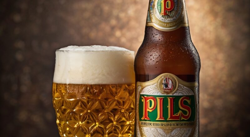 Eine Flasche Pils neben einem gefüllten Bierglas.